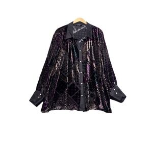 Meritt Velvet Burnout Satin Button Up Top Grunge Rave Dark Romantic Retro VTG 3X